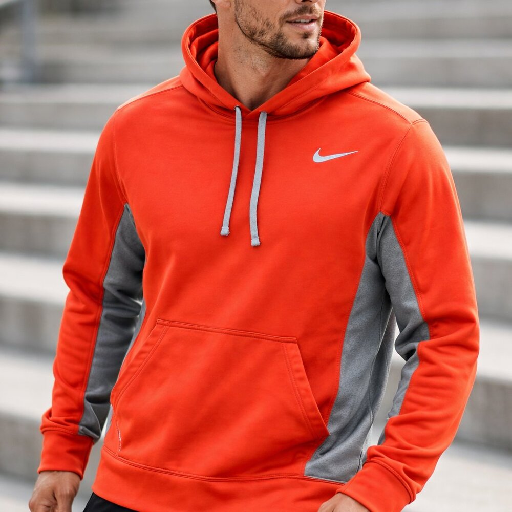Nike Therma-FIT Hoodie Men’s Medium Orange Gray Pullover Fleece Training Gym